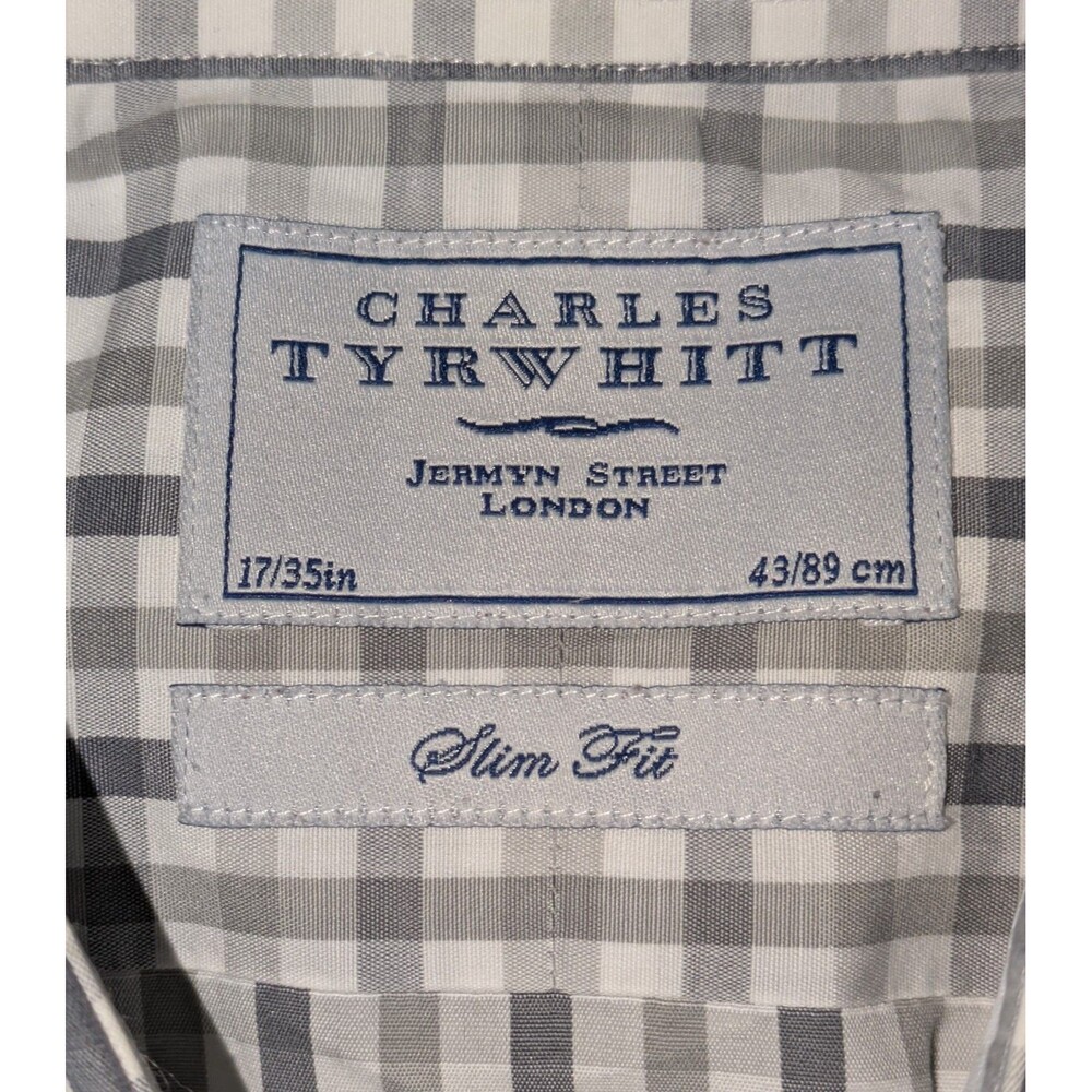 Charles Tyrwhitt Mens 17/35 Gingham Plaid Gray Dress Shirt Non Iron Slim Fit